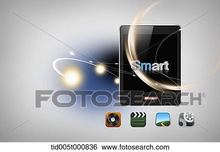 Stock Illustration - icons under a mobile device featuring a word smart. Fotosearch
