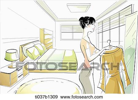Stock Illustration - illustration drawing of a lady putting on dress. Fotosearch