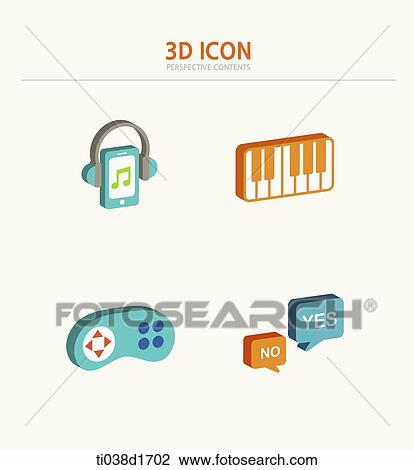 Drawing - illustration of 3d icons related to entertainment. Fotosearch