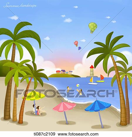 illustration of a beach in summer View Large Illustration Stock Illustration - illustration of a beach in summer. Fotosearch