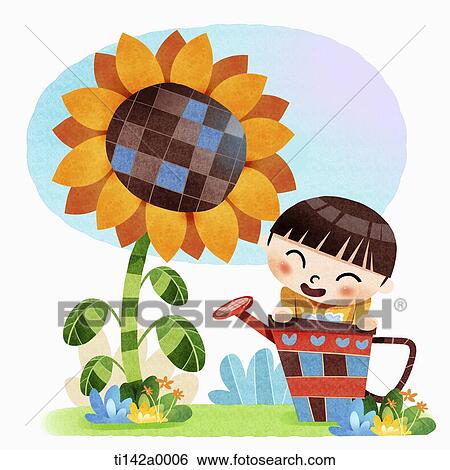 illustration of a boy with sunflower View Large Illustration Stock Illustration - illustration of a boy with sunflower. Fotosearch