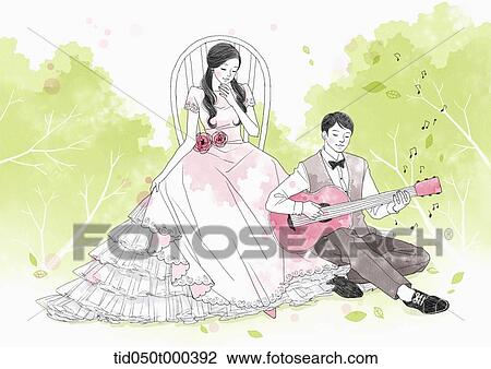 Drawing - illustration of a couple getting married. Fotosearch