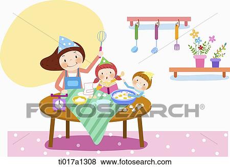 Stock Illustration - illustration of a family at kitchen. Fotosearch