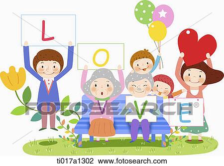 Drawing - illustration of a family holding a word love. Fotosearch