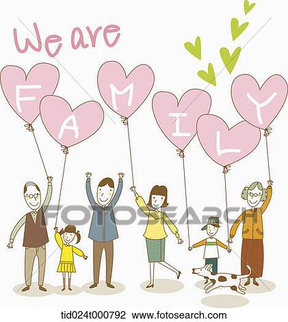 Drawing - illustration of a family holding balloons. Fotosearch
