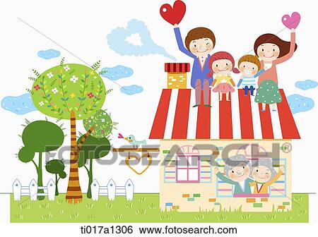 illustration of a family on a roof View Large Illustration Stock Illustration - illustration of a family on a roof. Fotosearch