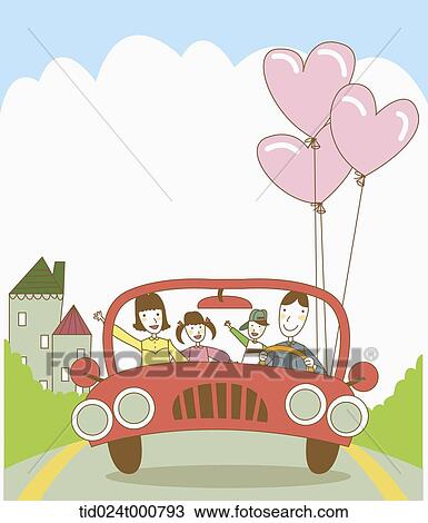 Drawing - illustration of a family riding a car. Fotosearch