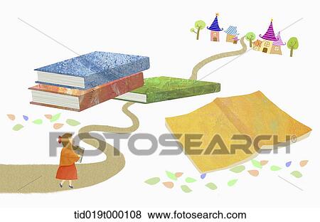 illustration of a girl and books View Large Illustration Stock Illustration - illustration of a girl and books. Fotosearch