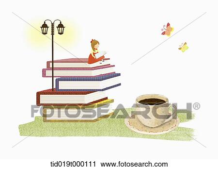 illustration of a girl and pile of books View Large Illustration Clip Art - illustration of a girl and pile of books. Fotosearch