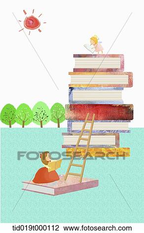 illustration of a girl and pile of books View Large Illustration Drawing - illustration of a girl and pile of books. Fotosearch