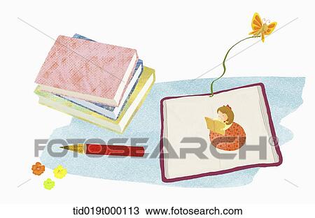 Drawing - illustration of a girl and pile of books. Fotosearch