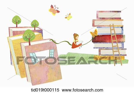 Stock Illustration - illustration of a girl and pile of books. Fotosearch