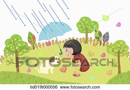 Stock Illustration - illustration of a kid and a dog in the rain. Fotosearch