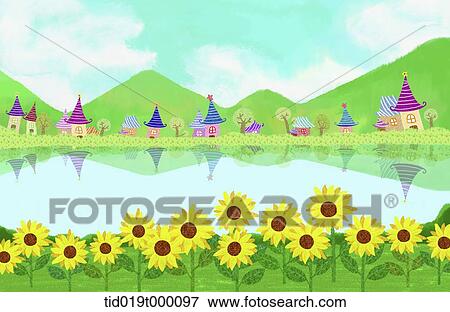 Stock Illustration - illustration of a lake and house. Fotosearch