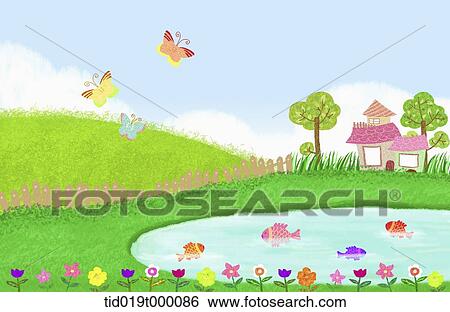 illustration of a lake and houses View Large Illustration Stock Illustration - illustration of a lake and houses. Fotosearch
