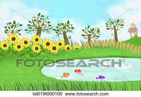 Clipart - illustration of a lake and sun flowers. Fotosearch