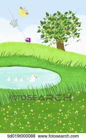 Stock Illustration - illustration of a lake and tree. Fotosearch