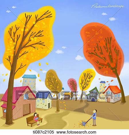 illustration of a village in autumn View Large Illustration Stock Illustration - illustration of a village in autumn. Fotosearch