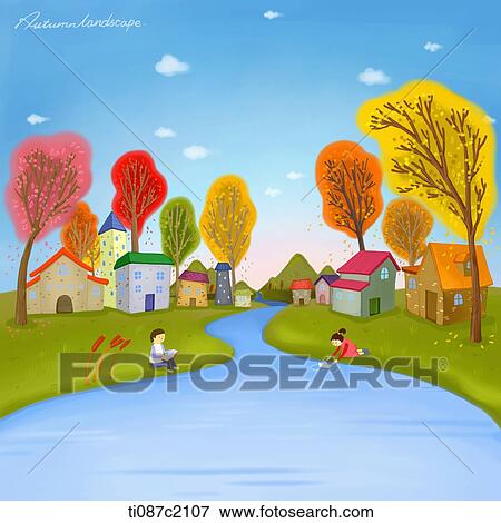 Stock Illustration - illustration of a village in autumn. Fotosearch