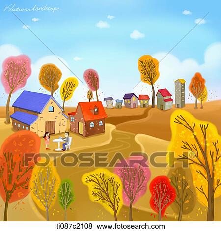 illustration of a village in autumn View Large Illustration Stock Illustration - illustration of a village in autumn. Fotosearch