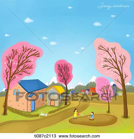 Drawing - illustration of a village in spring. Fotosearch