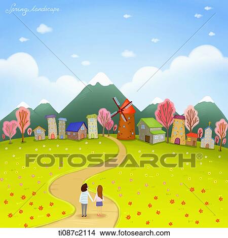 Stock Illustration - illustration of a village in spring. Fotosearch