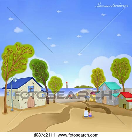 Clip Art - illustration of a village in summer. Fotosearch