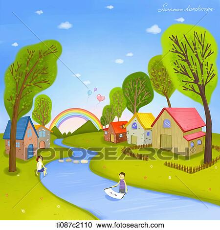 Clipart - illustration of a village in summer. Fotosearch