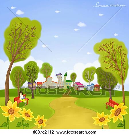 Drawing - illustration of a village in summer. Fotosearch