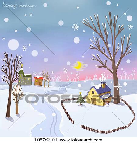 illustration of a village in winter View Large Illustration Clip Art - illustration of a village in winter. Fotosearch