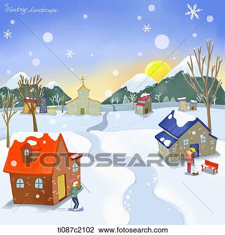 Drawing - illustration of a village in winter. Fotosearch
