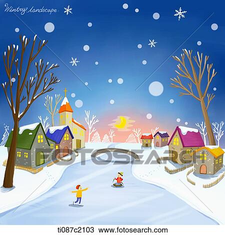 illustration of a village in winter View Large Illustration Drawing - illustration of a village in winter. Fotosearch