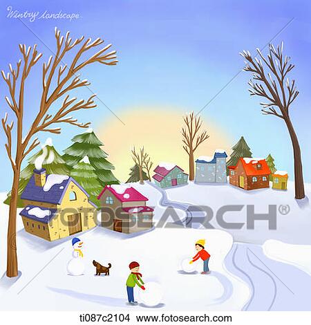illustration of a village in winter View Large Illustration Stock Illustration - illustration of a village in winter. Fotosearch