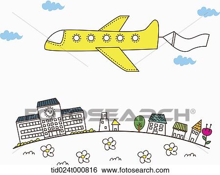 Stock Illustration - illustration of airplane flying over a school. Fotosearch