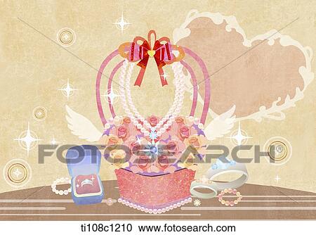 Clipart - illustration of basket full of flowers and jewellery. Fotosearch