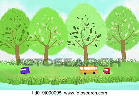 illustration of bus and cars on a field View Large Illustration Stock Illustration - illustration of bus and cars on a field. Fotosearch