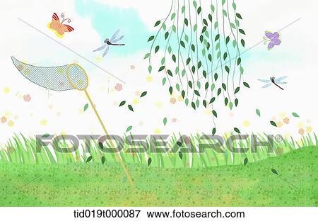 illustration of dragon flies and butterflies on a field View Large Illustration Stock Illustration - illustration of dragon flies and butterflies on a field . Fotosearch