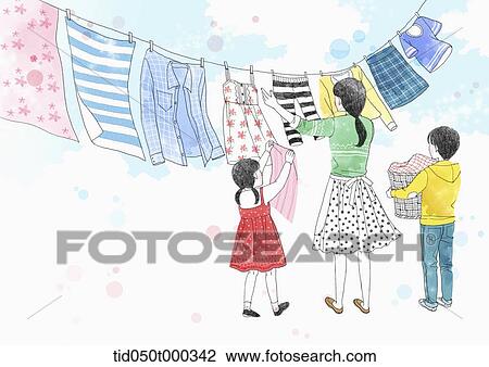 illustration of family doing laundry View Large Illustration Drawing - illustration of family doing laundry. Fotosearch