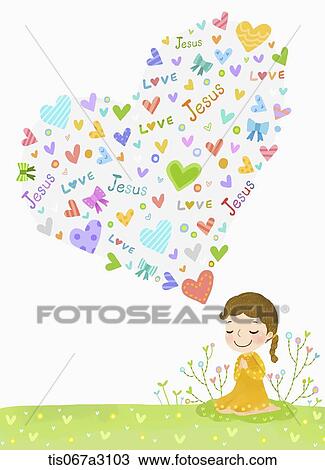 illustration of girl praying with hearts View Large Illustration Drawing - illustration of girl praying with hearts. Fotosearch