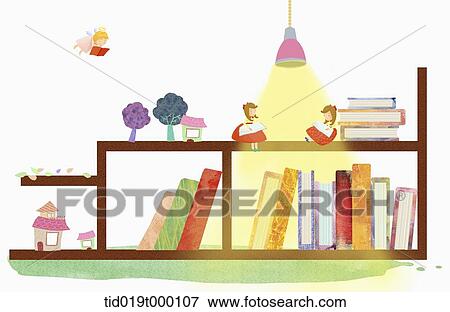 illustration of girls on a bookshelf View Large Illustration Stock Illustration - illustration of girls on a bookshelf. Fotosearch