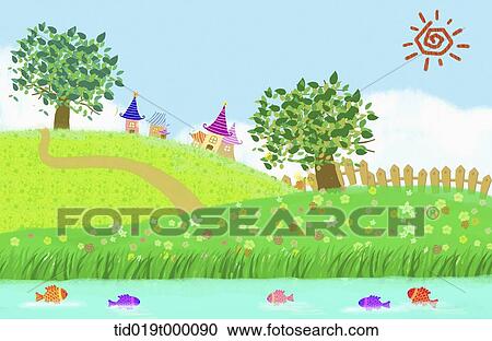 Clipart - illustration of houses and trees on hills. Fotosearch