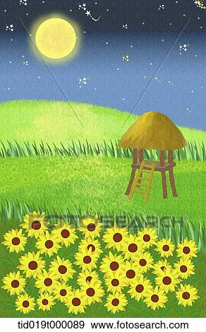 illustration of hut and sunflower under a moon View Large Illustration Stock Illustration - illustration of hut and sunflower under a moon. Fotosearch