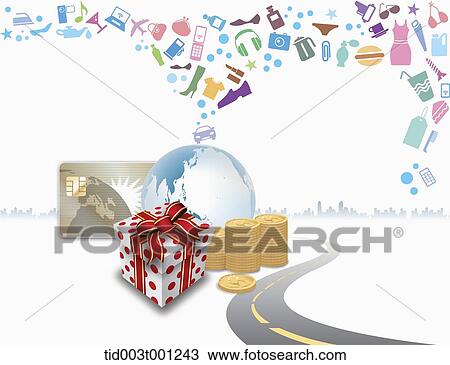 illustration of icons flying from a globe View Large Illustration Drawing - illustration of icons flying from a globe. Fotosearch