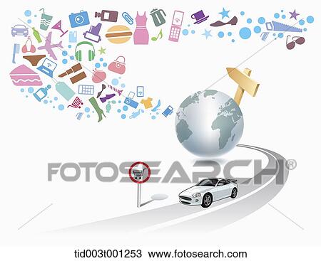 illustration of icons flying from a globe View Large Illustration Drawing - illustration of icons flying from a globe. Fotosearch