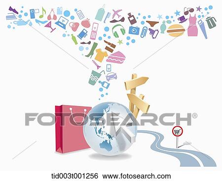 illustration of icons flying from a globe View Large Illustration Stock Illustration - illustration of icons flying from a globe. Fotosearch