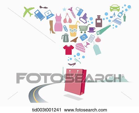 Clip Art - illustration of icons flying from shopping bag. Fotosearch