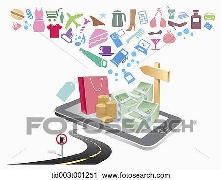 Clip Art - illustration of icons flying from mobile phone. Fotosearch