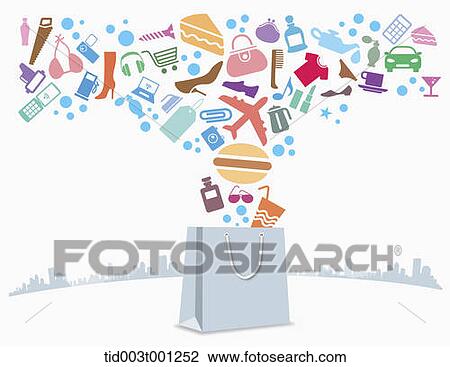 Drawing - illustration of icons flying from shopping bag. Fotosearch