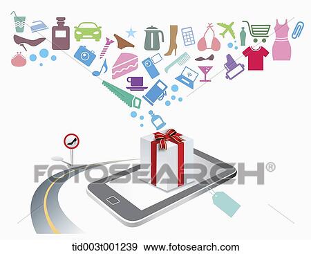 illustration of icons flying from gift box View Large Illustration Stock Illustration - illustration of icons flying from gift box. Fotosearch