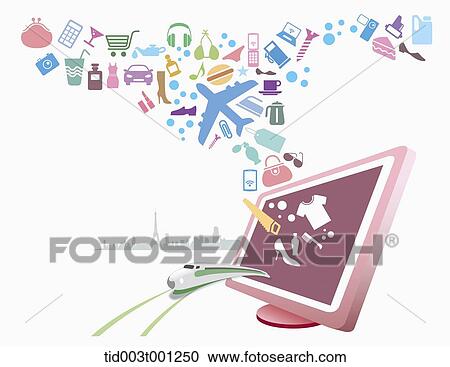illustration of icons flying from PC View Large Illustration Clipart - illustration of icons flying from PC. Fotosearch